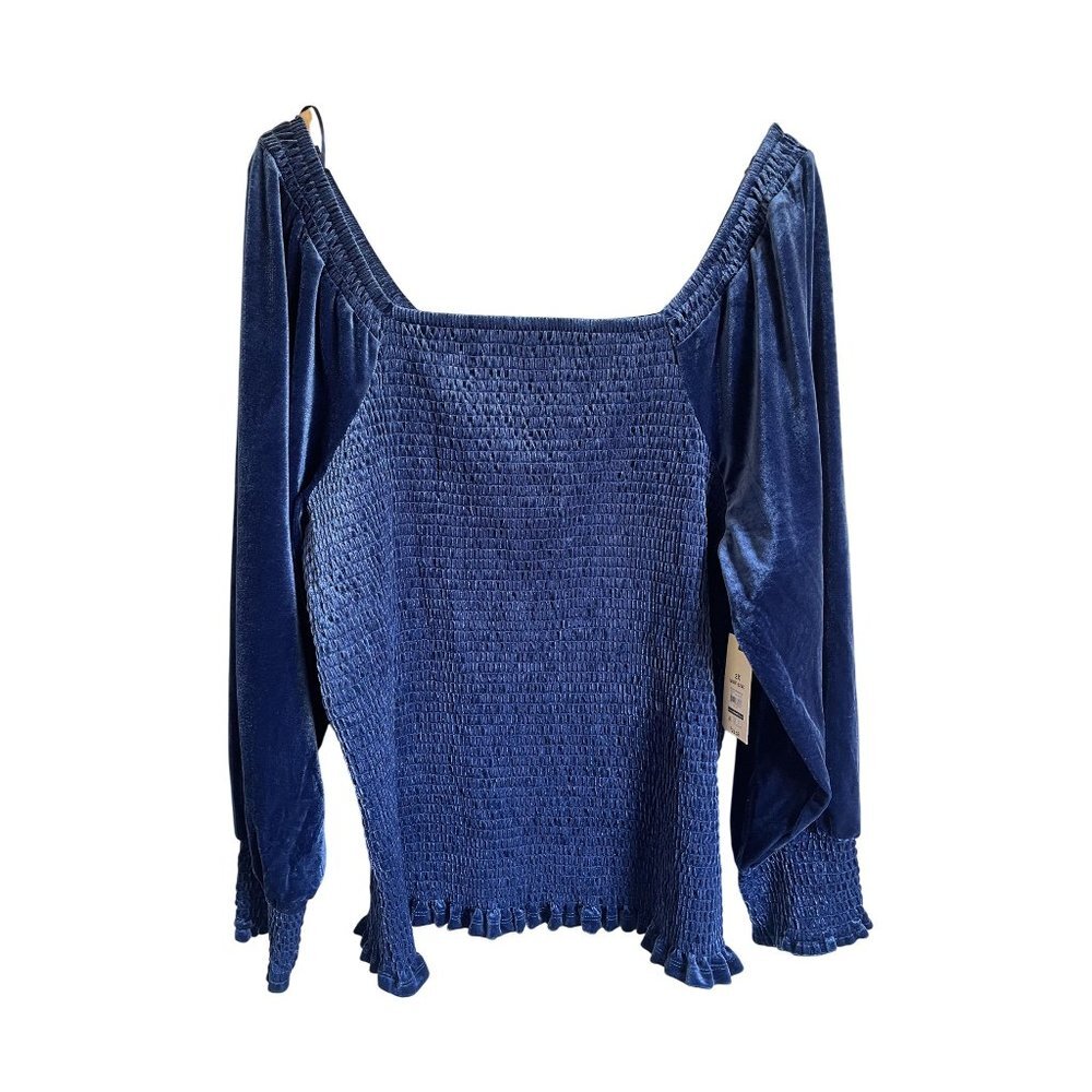 New! Terra & Sky Blue Velvet Puff Sleeve Smocked Top 2X MSRP $22
